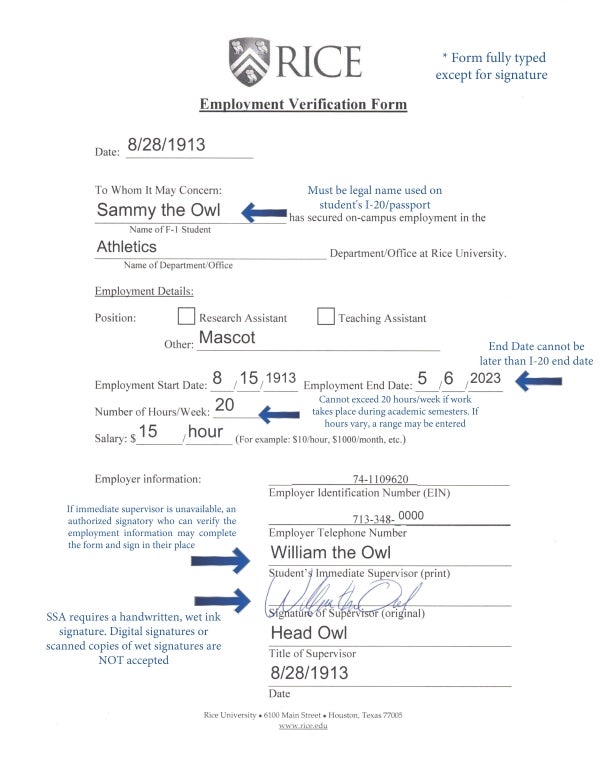 Example of a completed Employment Verification Form.