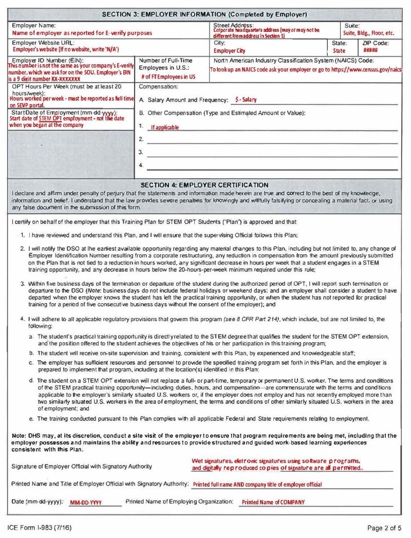 Example of page 2 of a completed Form I-983.