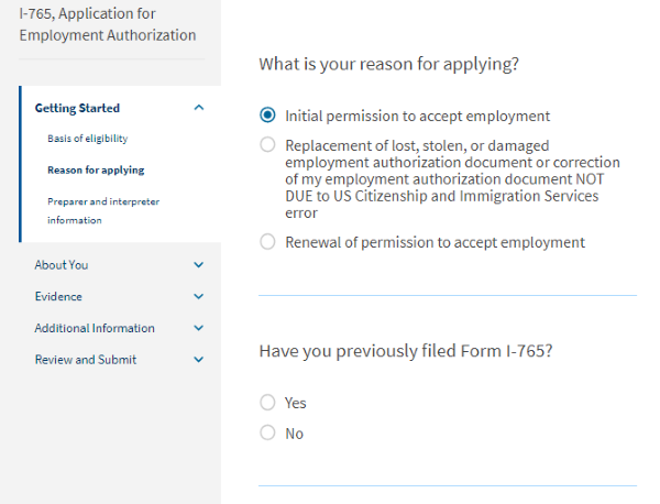 Screenshot from online I-765. What is your reason for applying with Initial permission to accept employment selected. Have you previously filed Form I-765?