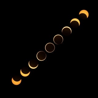 Series of images showing a progression of a solar eclipse from corner to corner.