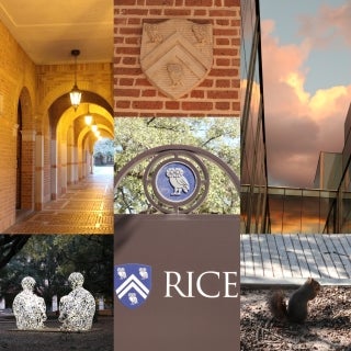 Collage of photos reflecting a Rice archway, Rice shield, image of the sky, the mirror sculpture and a squirrel.