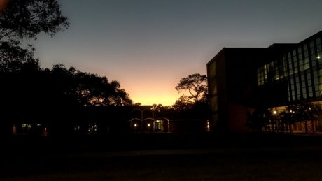 Dark buildings visible at sunset.