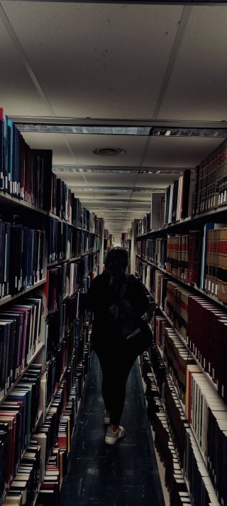 Hallway with shelves full of books on both sides. Person stands in the middle with their back to the camera.