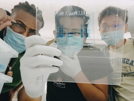 Three students are facing the camera looking at a data sample. Picture is taken through the see through frame that contains the sample.