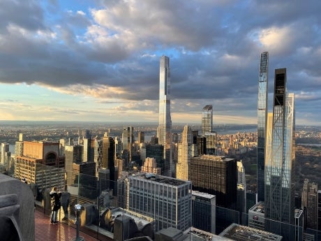 City skyline with multiple skyscrapers.