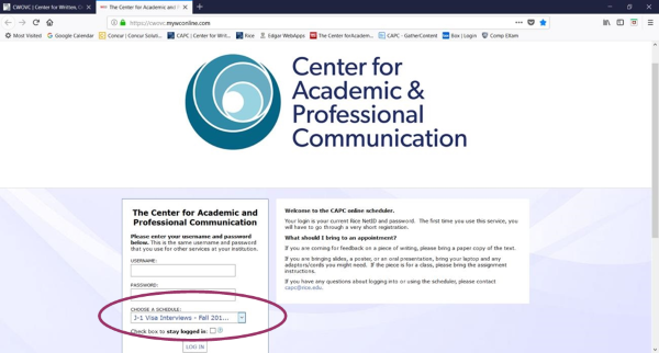 Screenshot from CAPC website. J-1 visa interview option is circled.