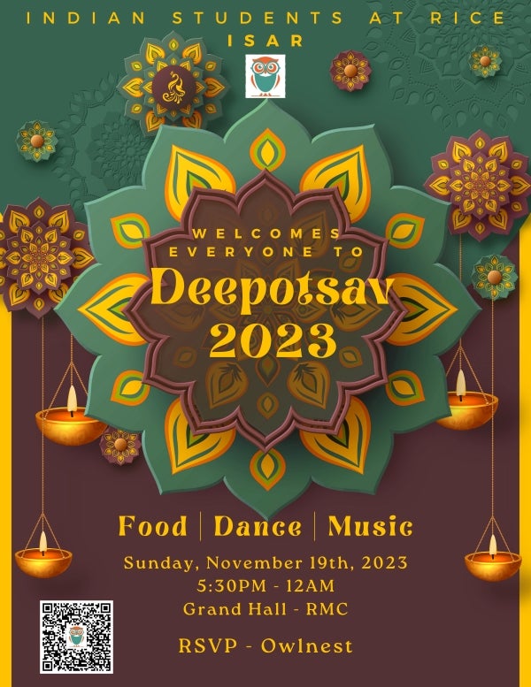 ISAR welcomes everyone to Deepotsav 2023. Food, dance, music, Sunday, November 19, 5:30pm, Grand Hall in the RMC.