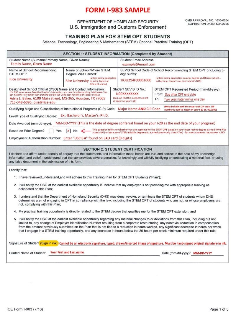 Example of page 1 of a completed Form I-983. 
