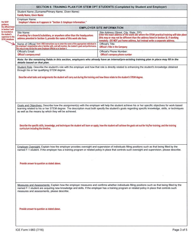 Example of page 3 of a completed Form I-983.