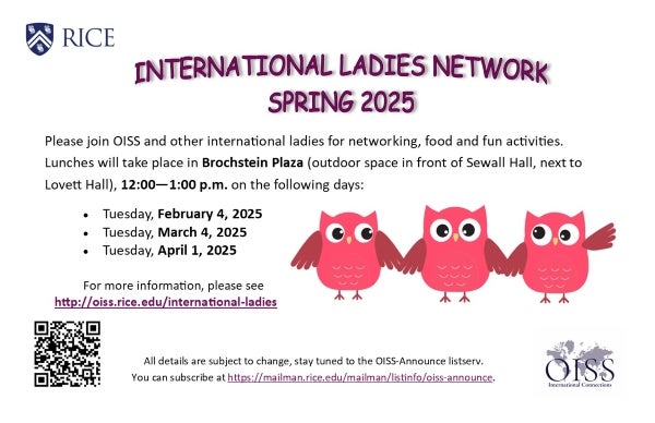 International Ladies Network schedule for Spring 2025.