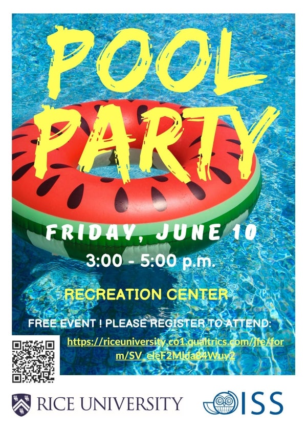 Pool party, Friday, June 10, 3-5PM, Recreation Center. Free event! Please register to attend.