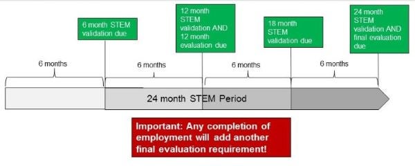 Timeline showing mandatory STEM validation reports due every 6 months and self-evaluations due every 12 months.