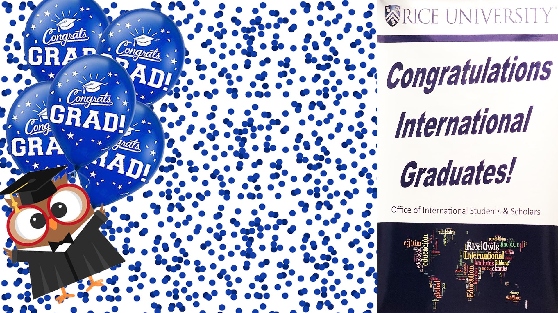 Zoom background with banner reading Congratulations International Graduates, balloons and an owl wearing graduation regalia.