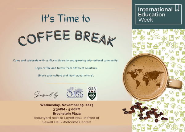 It's time to coffee break! Wednesday, November 15, 3:30-5pm, Brochstein Plaza.
