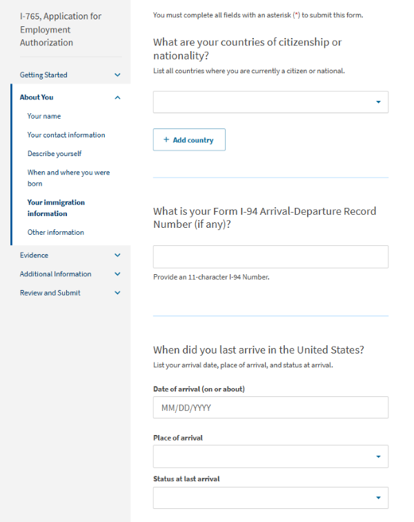 Screenshot from online I-765. What are your countries of citizenship or nationality? What is your Form I-94 Arrival-Departure Record Number? When did you last arrive in the United States?
