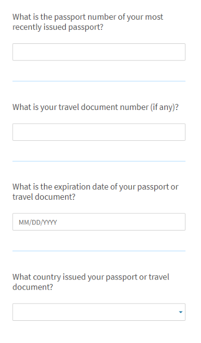 Screenshot from online I-765. What is the passport number of your most recently issued passport? What is your travel document number (if any)? What is the expiration date of your passport or travel document? What country issued your passport or travel document?