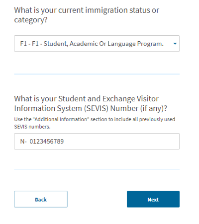 Screenshot from online I-765. What is your current immigration status or category? F-1 Student Academic or Language Program has been selected. What is your Student and Exchange Visitor Information System Number?