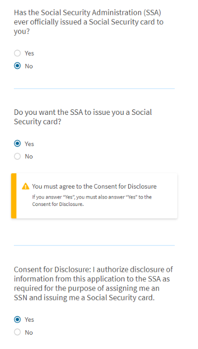 Screenshot from online I-765. Has the SSA ever officially issued a Social Security card to you? Do you want the SSA to issue you a Social Security card? Consent for Disclosure: I authorize disclosure of information from this application to the SSA as required for the purpose of assigning me an SSN and issuing me a Social Security card.
