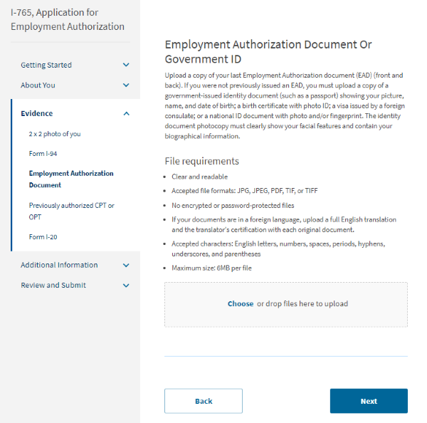 Screenshot from online I-765. Employment Authorization Document or Government ID.