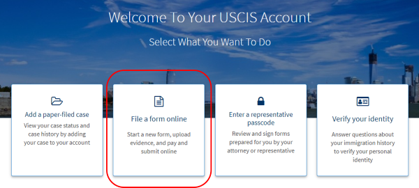 Screenshot from USCIS online account. Select what you want to do. File a form online option is circled.