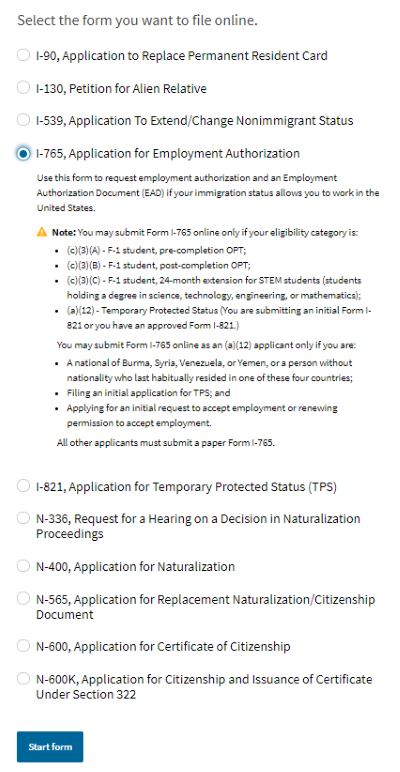 Screenshot from USCIS website. Select the form you want to file online. I-765 is checked from the list of forms.
