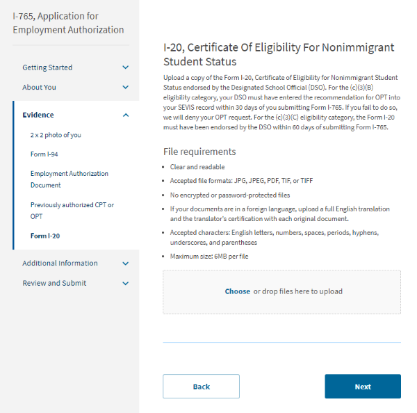 Screenshot from online I-765. I-20, certificate of eligibility for nonimmigrant student status.