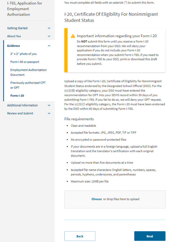 Screenshot from online I-765. I-20, certificate of eligibility for nonimmigrant student status.