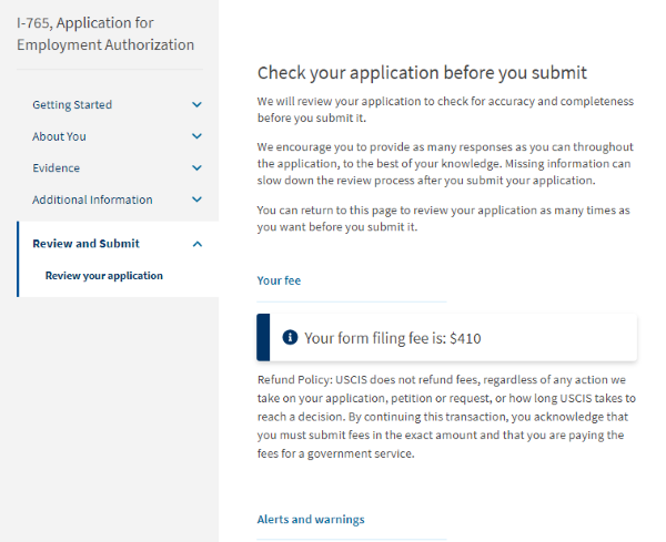 Screenshot from online I-765. Check your application before you submit.