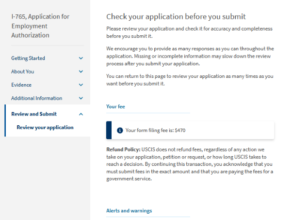 Screenshot from online I-765. Check your application before you submit.