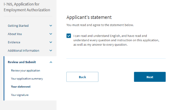 Screenshot from online I-765. Applicant's statement.