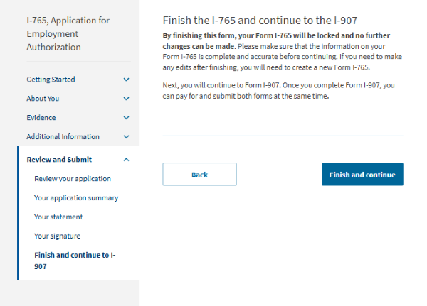 Screenshot from online I-765. Finish the I-765 and continue to the I-907.