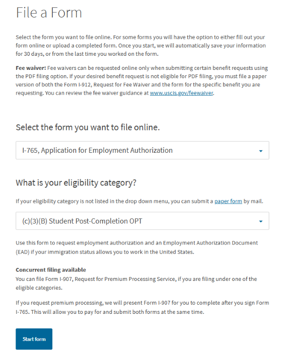 Screenshot from USCIS website. Select the form you want to file online. I-765 is checked from the list of forms.