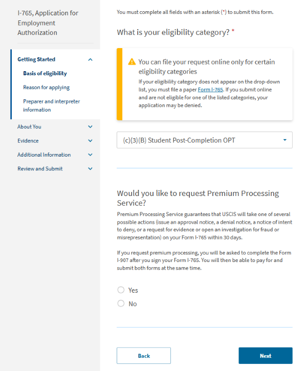 Screenshot from online I-765 form. What is your eligibility category. Would you like to request Premium Processing Service?