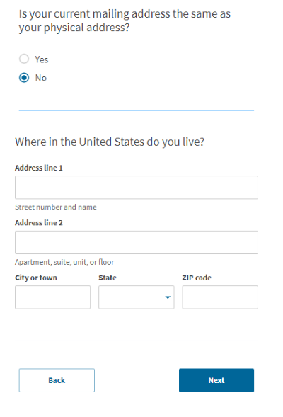 Screenshot from online I-765. Is your current mailing address the same as your physical address? No is selected as the response. Where in the United States do you live?