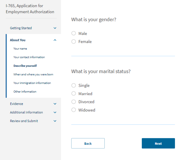 Screenshot from online I-765. What is your gender? What is your marital status?