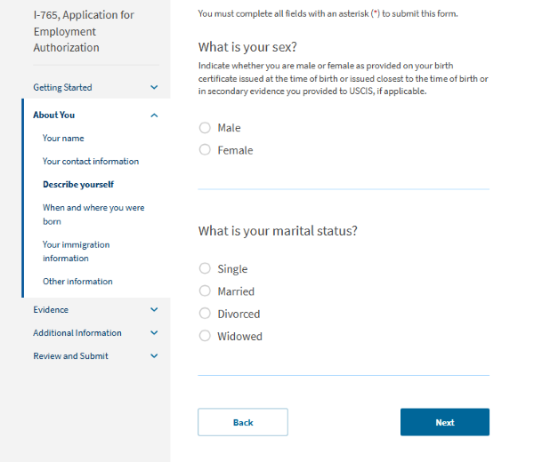 Screenshot from online I-765. What is your sex? What is your marital status?