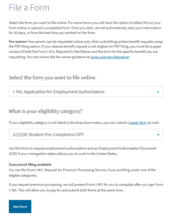 Screenshot from USCIS website. Select the form you want to file online. I-765 is checked from the list of forms.