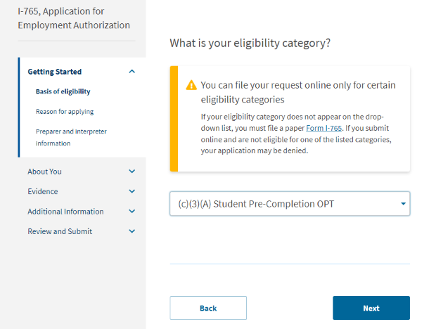 Screenshot from online I-765 form. What is your eligibility category.