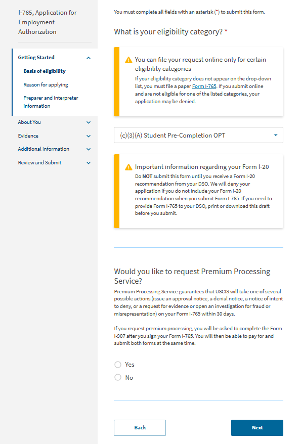 Screenshot from online I-765 form. What is your eligibility category.