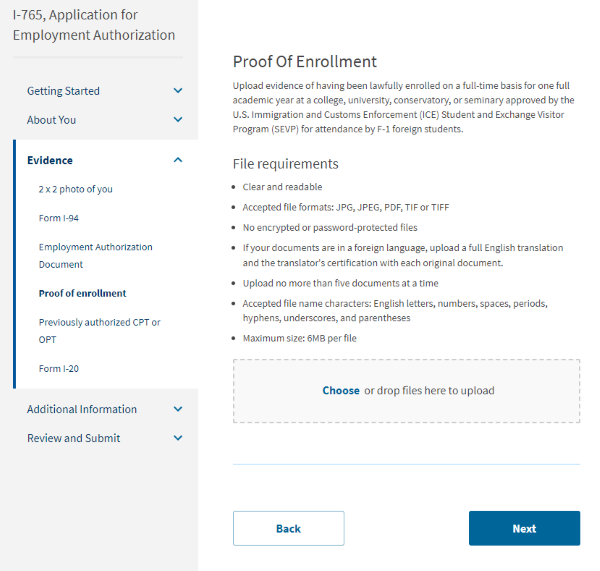 Screenshot from online I-765. Proof of enrollment.