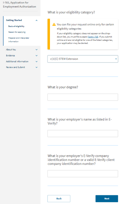 Screenshot from online I-765. What is your eligibility category? c(3)(C) STEM Extension is selected as the response. What is your degree? What is your employer's name as listed in E-Verify? What is your employer's E-Verify company identification number or a valid E-Verify client company identification number?