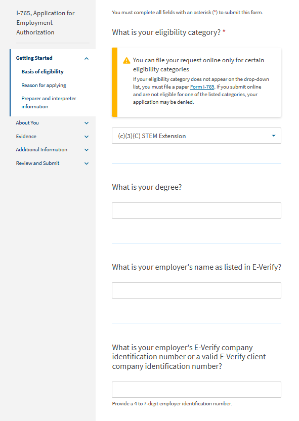 Screenshot from online I-765. What is your eligibility category? c(3)(C) STEM Extension is selected as the response. What is your degree? What is your employer's name as listed in E-Verify? What is your employer's E-Verify company identification number or a valid E-Verify client company identification number?