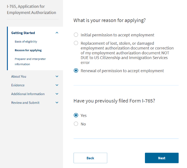 Screenshot from online I-765. What is your reason for applying? Renewal of permission to accept employment is selected. Have you previously filed Form I-765? Yes is selected.