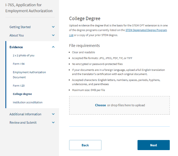 Screenshot from online I-765. College Degree.