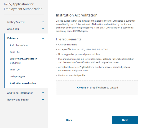 Screenshot from online I-765. Institution Accreditation.