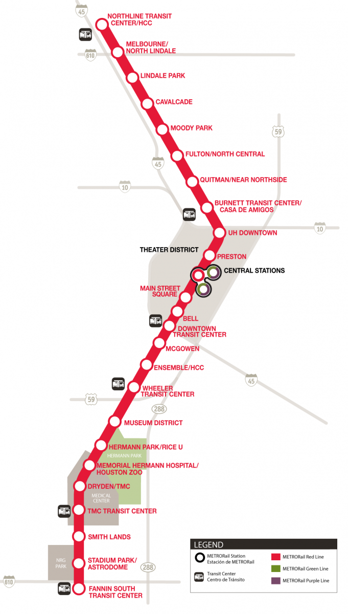 Houston METRORail Red Line Map